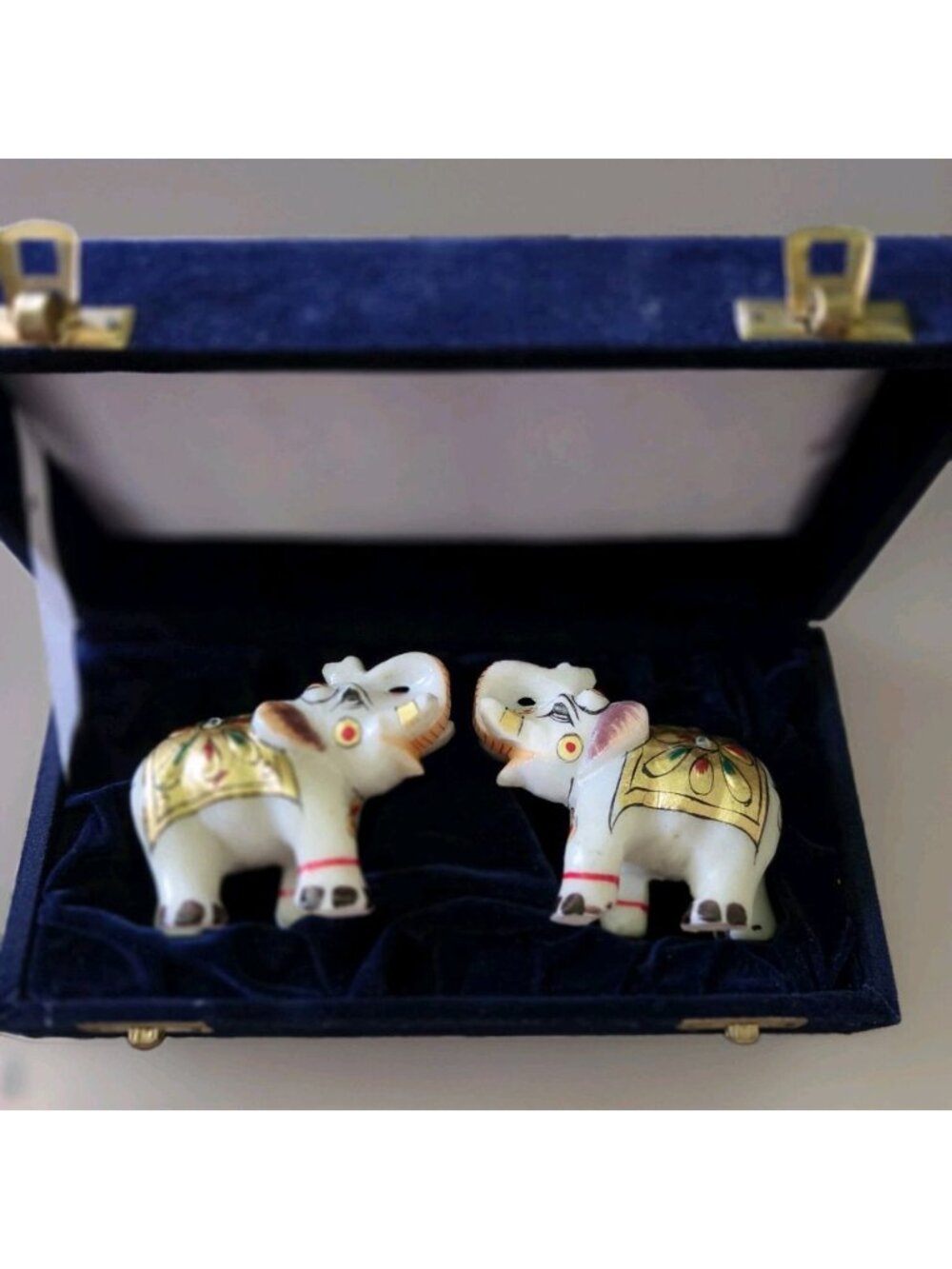 Artisanal Handcrafted Marble Elephant Figurines Set 2 Gold Leaf Carved Trunk Up
